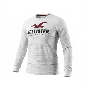 Hollister White Marbled Long-Sleeve Tee with Maroon Logo Size L Men’s